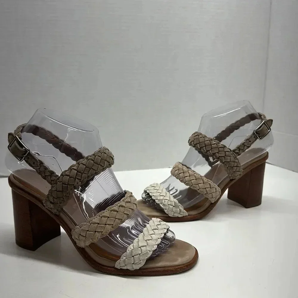 Frye Amy Braided High Heel Open Toe Sandals Shoes in Camel Multi Color Size 6.5